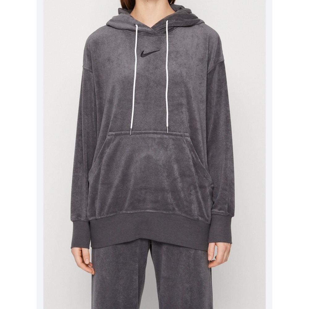 Nike Velour Hoodie Womens Large Grey Oversized Sportswear Essential Pullover